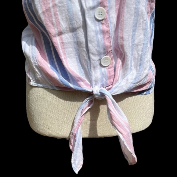 🌻Alexia Admor Blue Pink Linen Striped Button-Up Tie Short Sleeve Top Size 6 - Picture 4 of 11